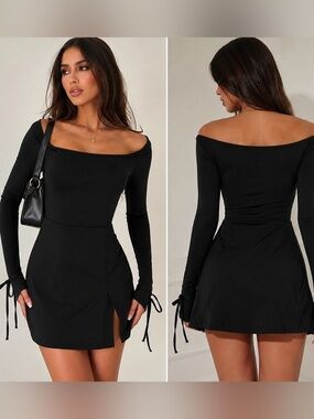 Off-the-Shoulder Long Sleeve Black Mini Dress size S